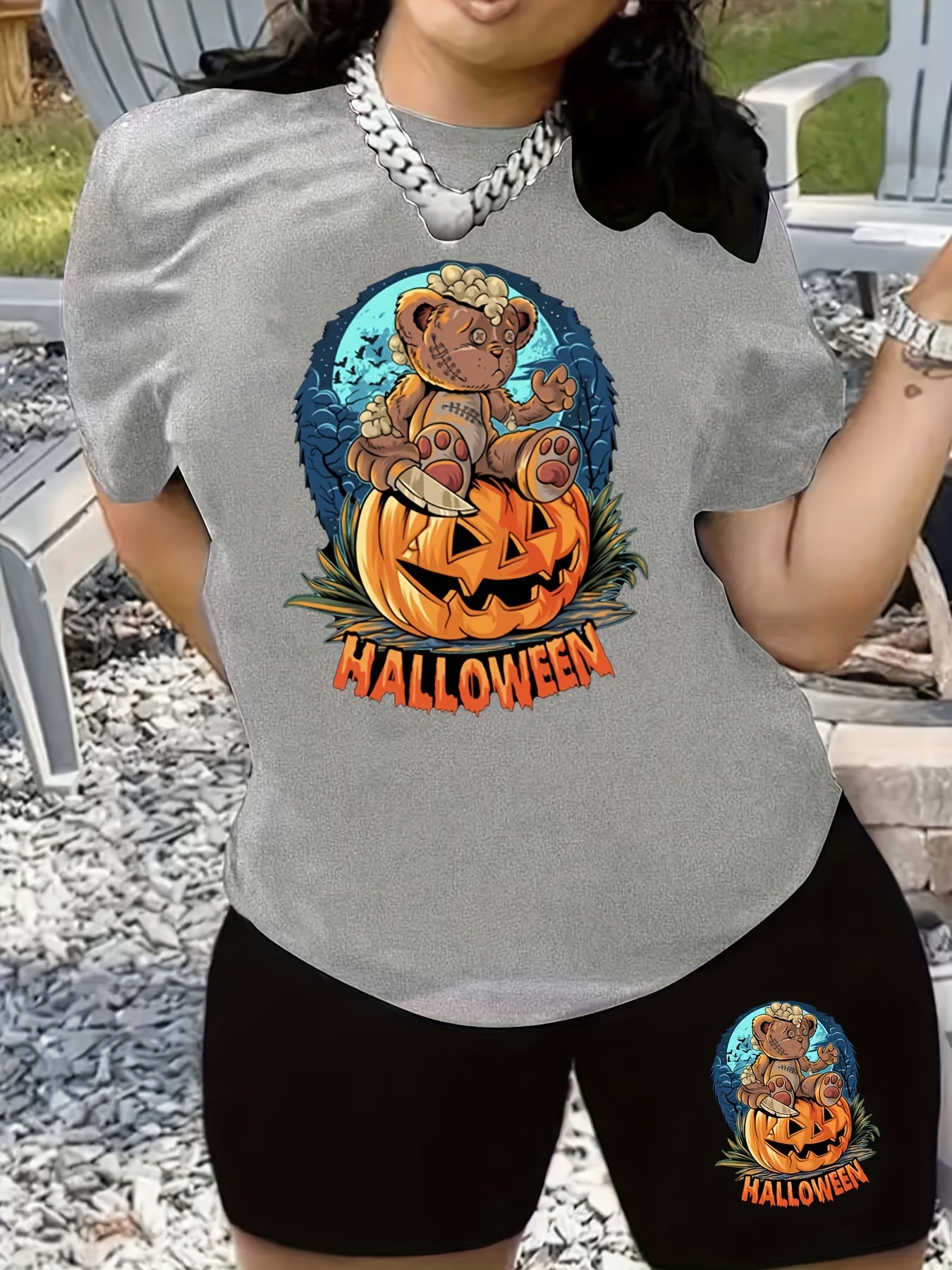  Halloween Casual Outfits Bear Pumpkin Two Piece Set