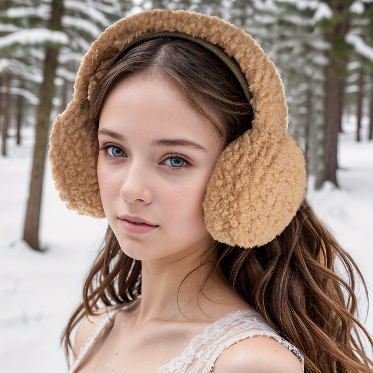 Soft Beige Ear Muffs Winter Headband with Fleece Lining
