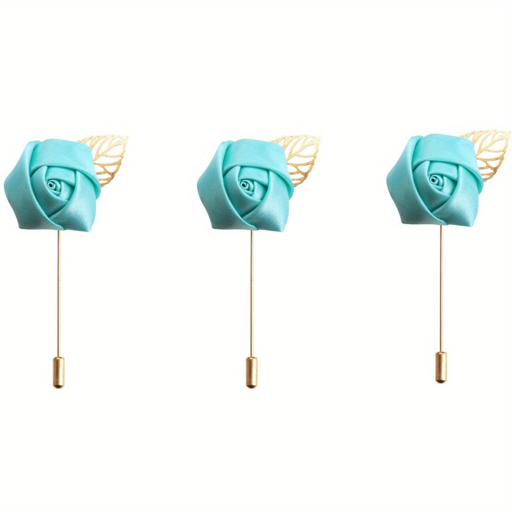 HAOSHICS 3Pcs Artificial Rose Flower Pins For Men Groom Suit Lapel