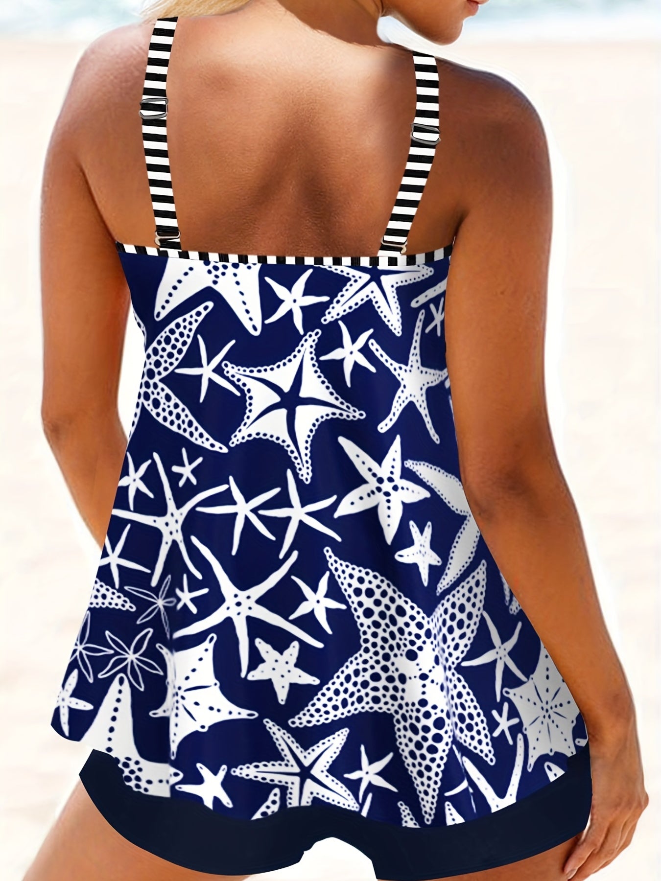  Starfish Print Tankini Set Crew Neck