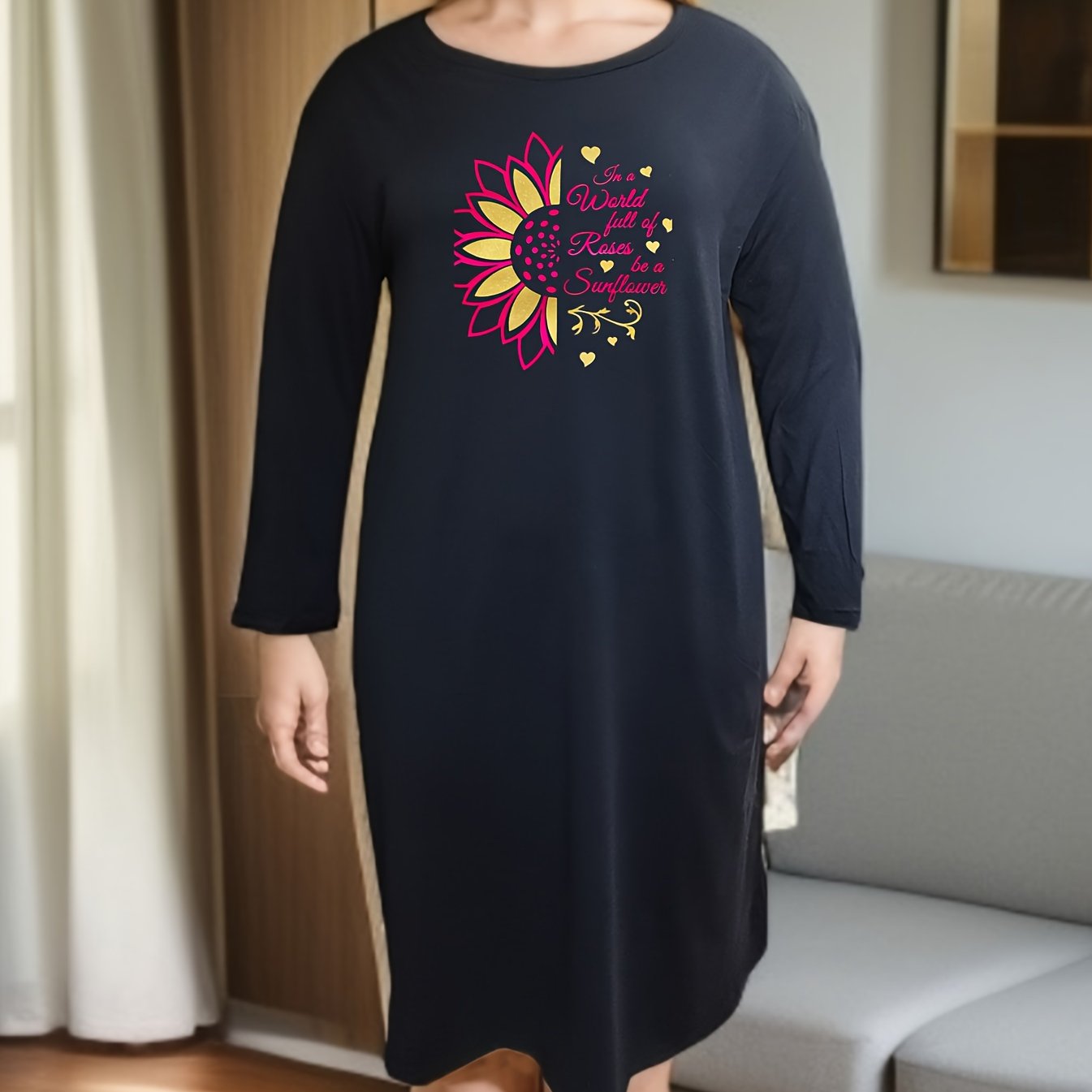  Sunflower & Letter Graphic Long Sleeve Tee Home Dress
