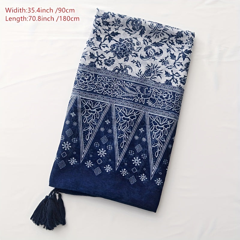 Navy Floral Print Scarf Tassel Shawl Boho Windproof Head Wrap Sunscreen