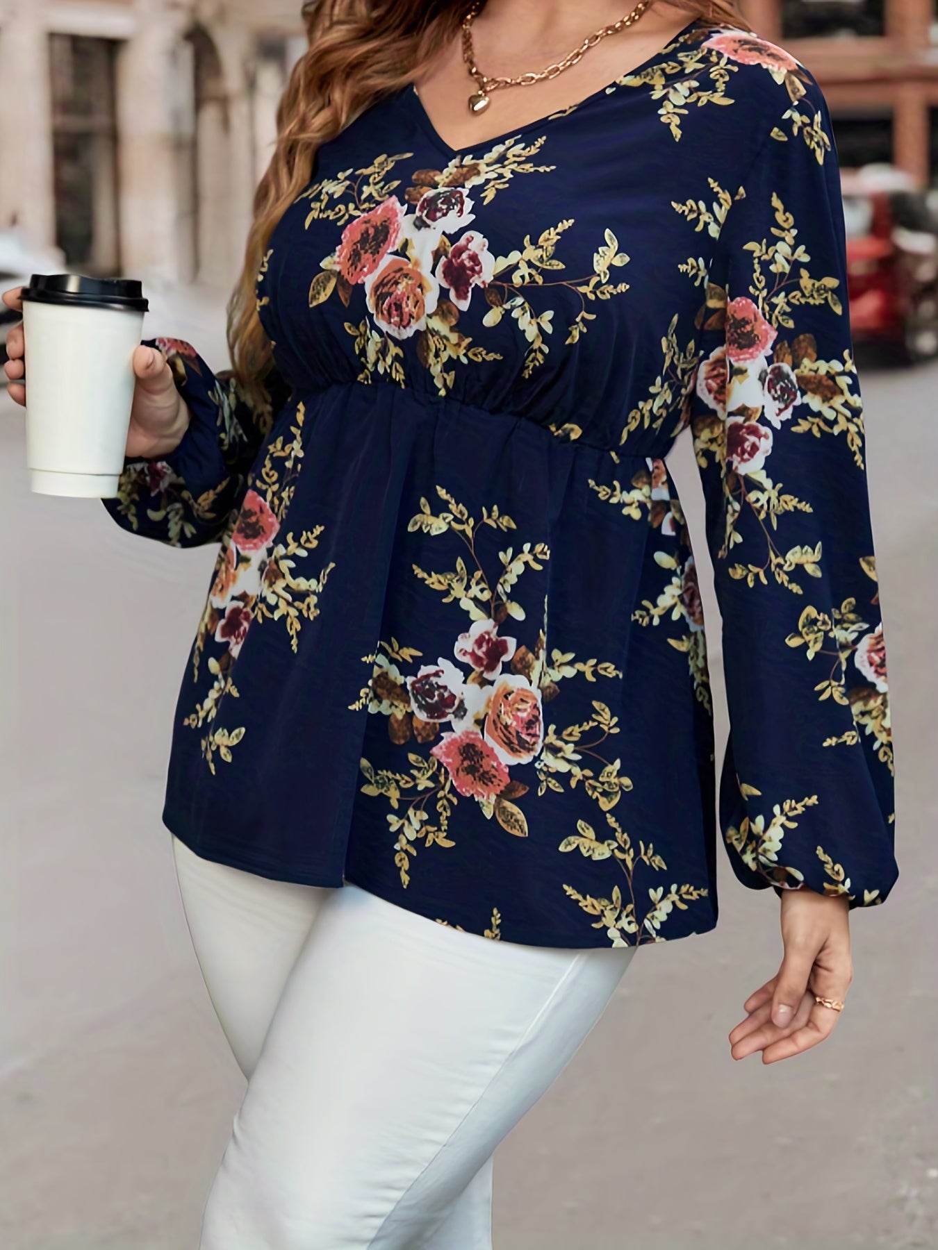  Floral Print Lantern Sleeve V Neck Peplum Top