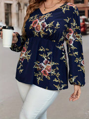  Floral Print Lantern Sleeve V Neck Peplum Top