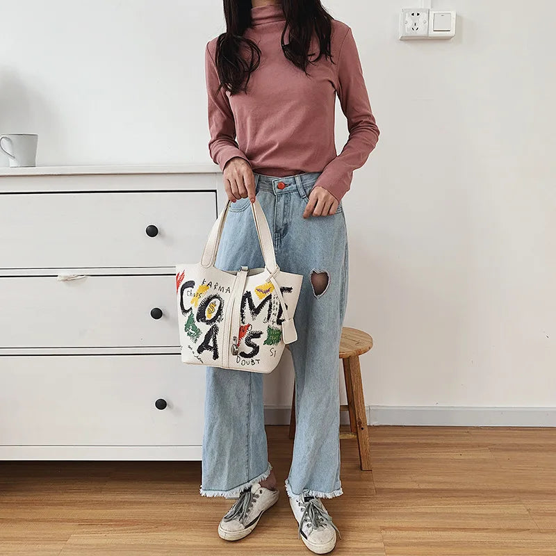 Cartoon Image PU Leather Large Shoulder Bag for Women