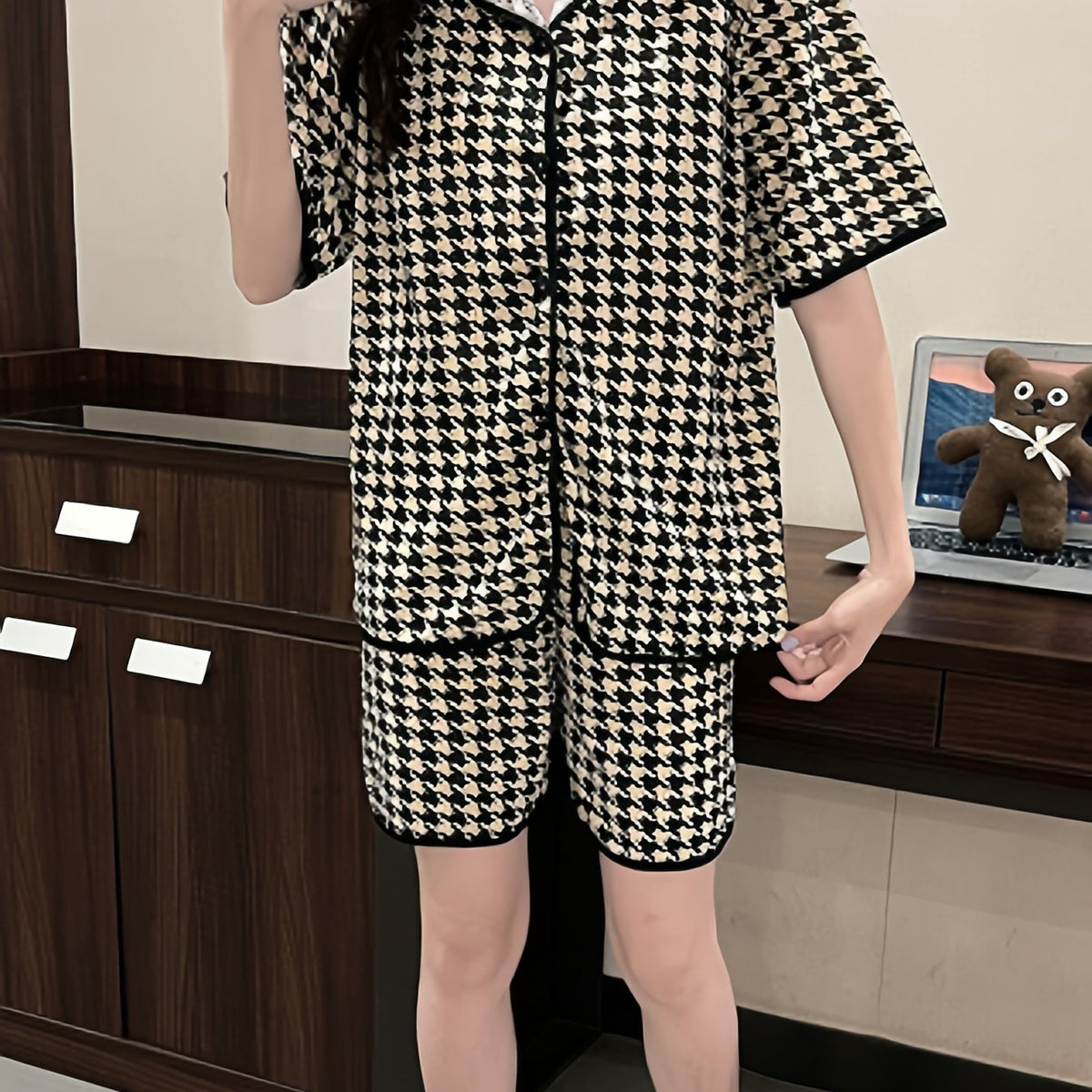Summer Casual Print Pajamas Short Sleeve Top And Shorts Pajama Set