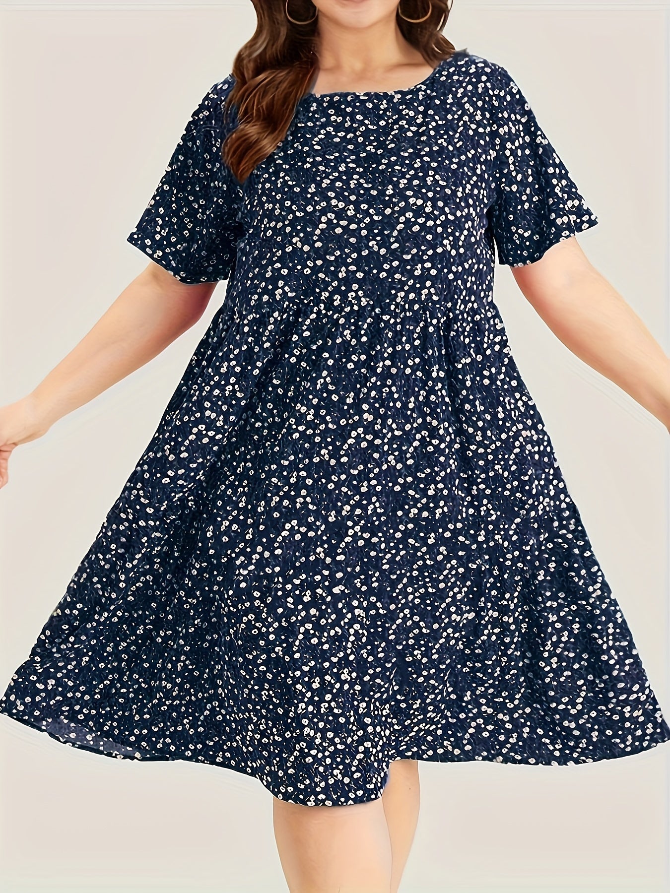  Ditsy Print Short Sleeve Round Neck Dress