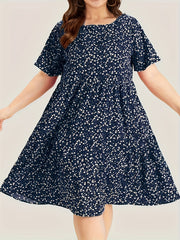  Ditsy Print Short Sleeve Round Neck Dress