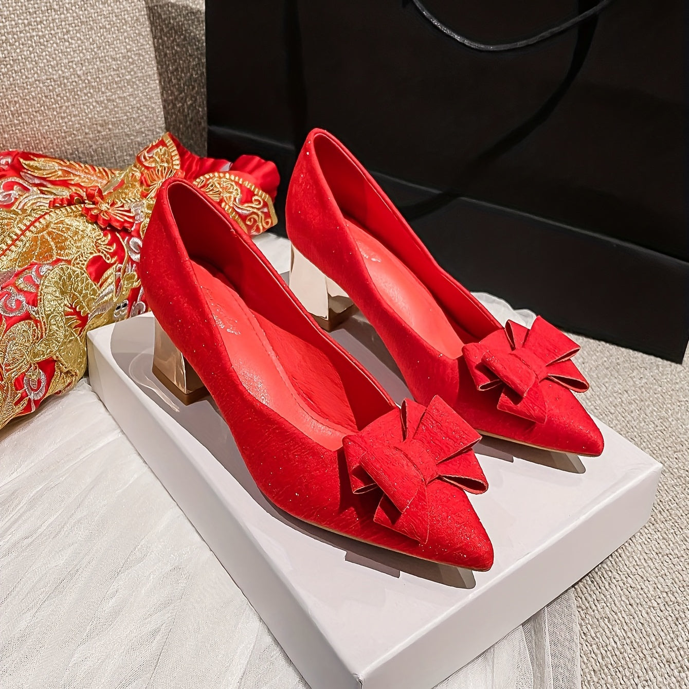 Chunky Heeled Pumps Bowknot High Heels Wedding Dress Shoes