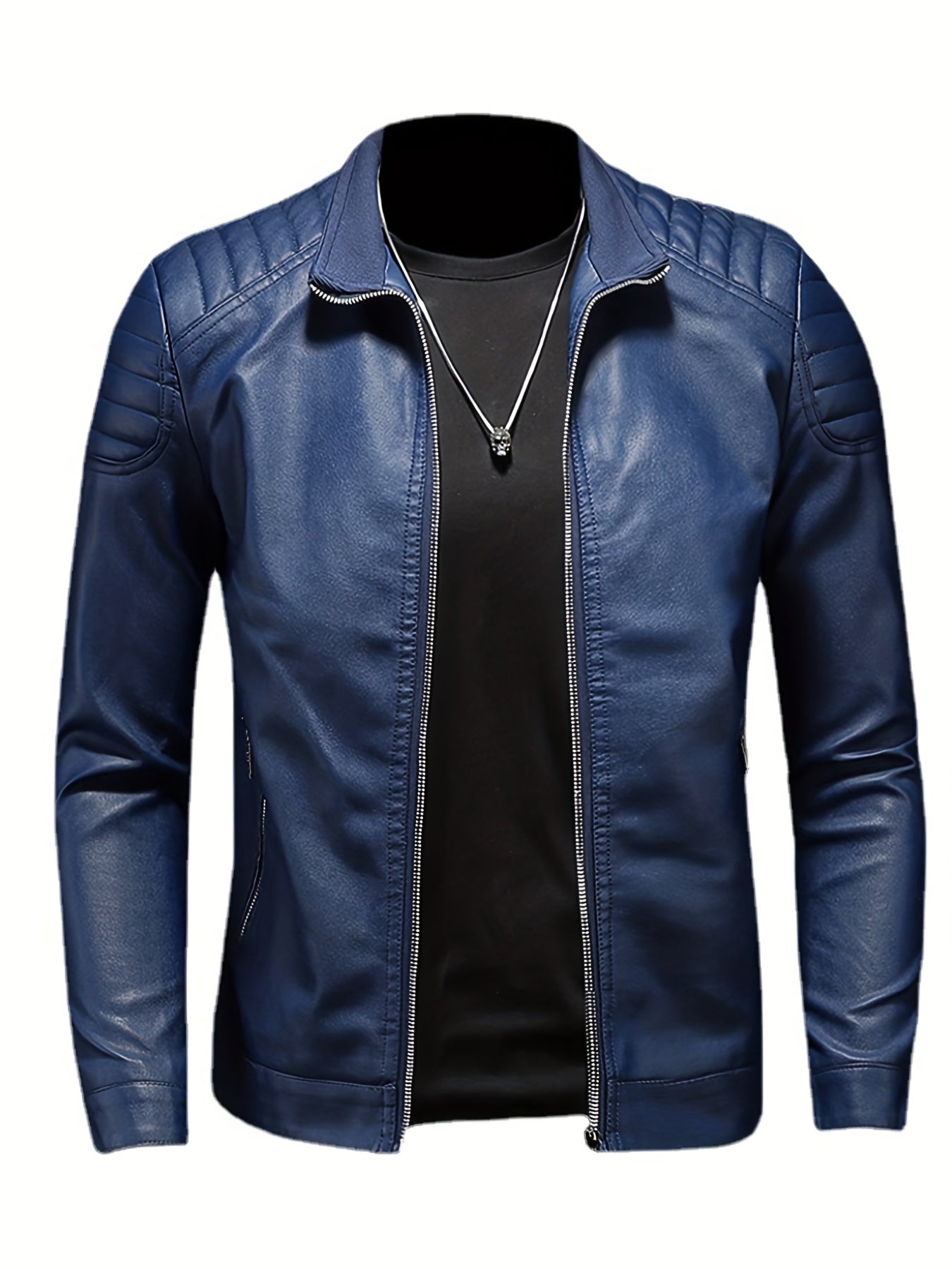 Men's Casual Faux Leather Biker Jacket Zip Up Stand Collar for Spring Fall