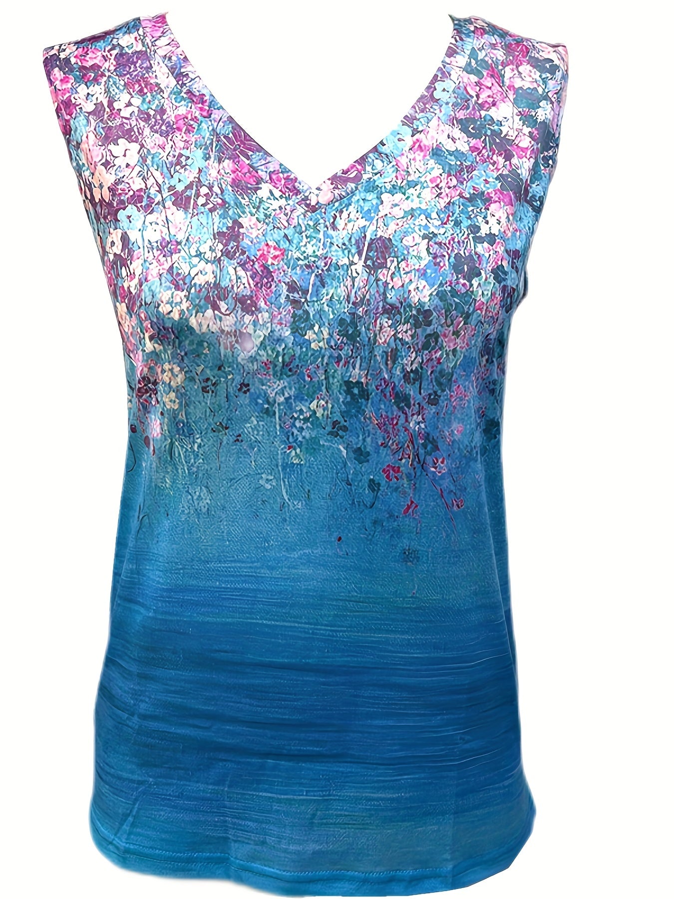 Floral Print V Neck Tank Top Medium Stretch