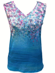  Floral Print V Neck Tank Top Medium Stretch
