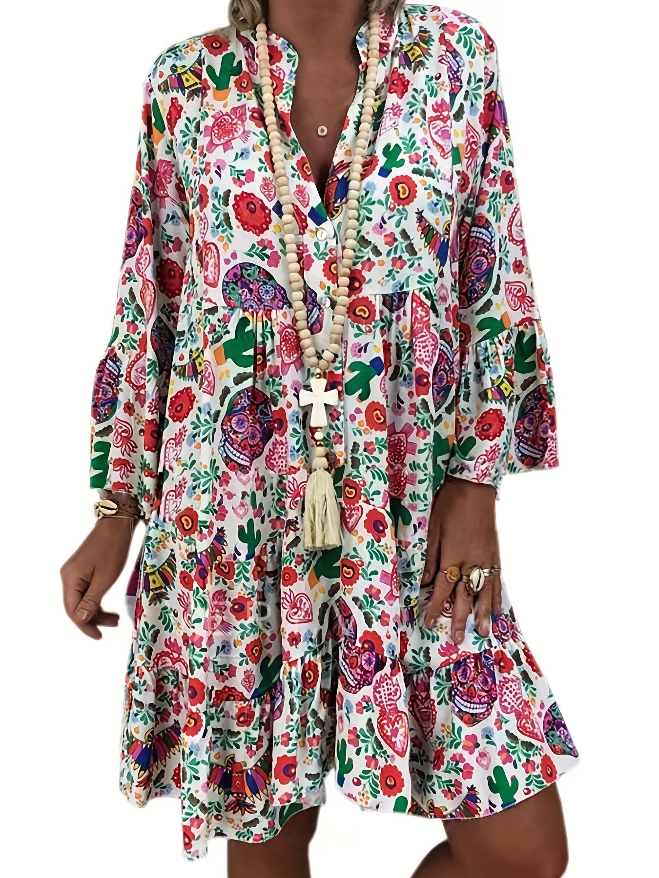  Graphic Print Long Sleeve Shirt Dress