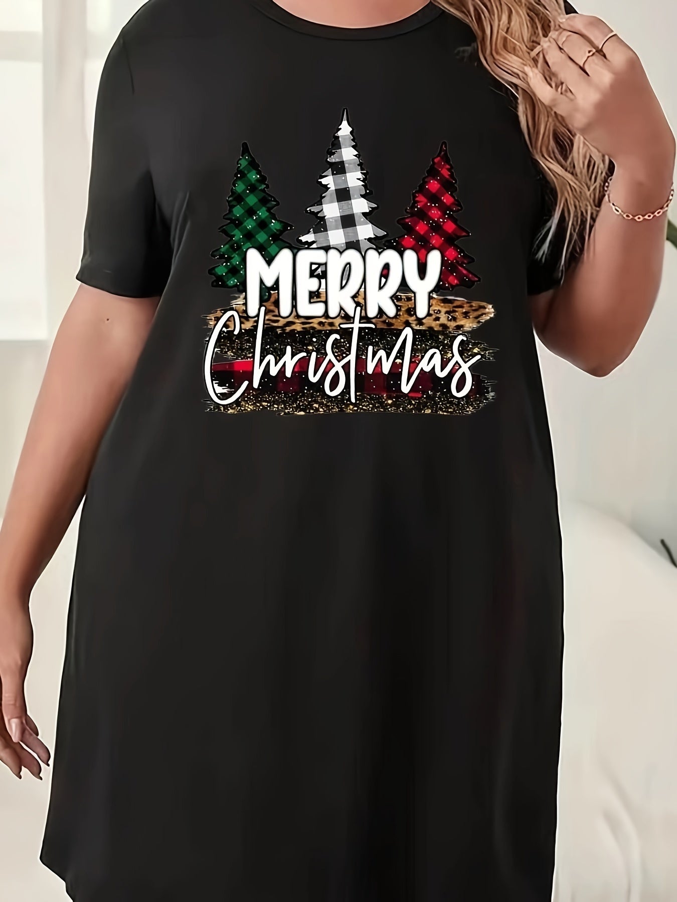 Women's Plus Christmas Tree Short Sleeve Tee Dress