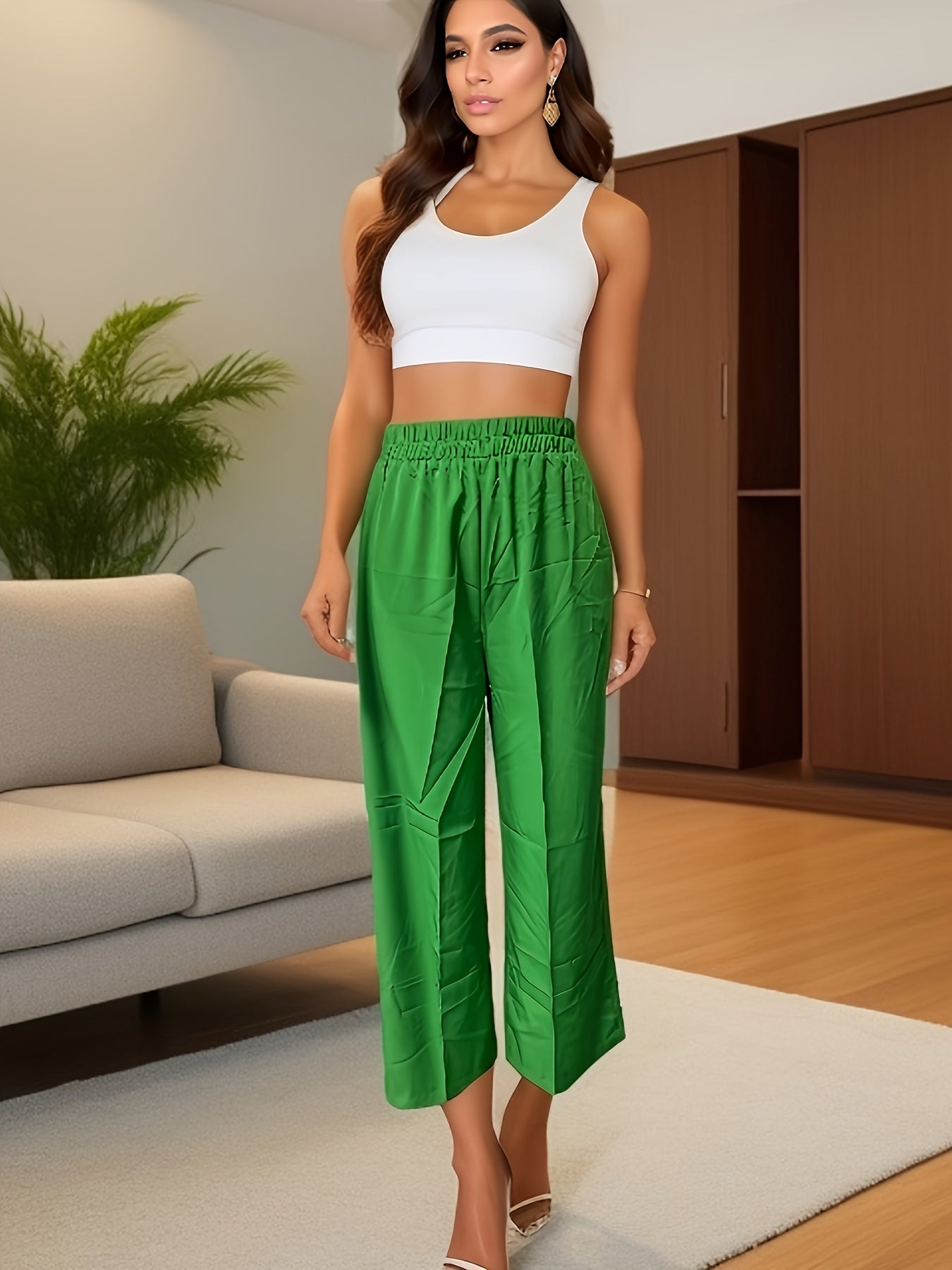 Solid Color Wide Leg Pants Elastic Waist Casual Versatile