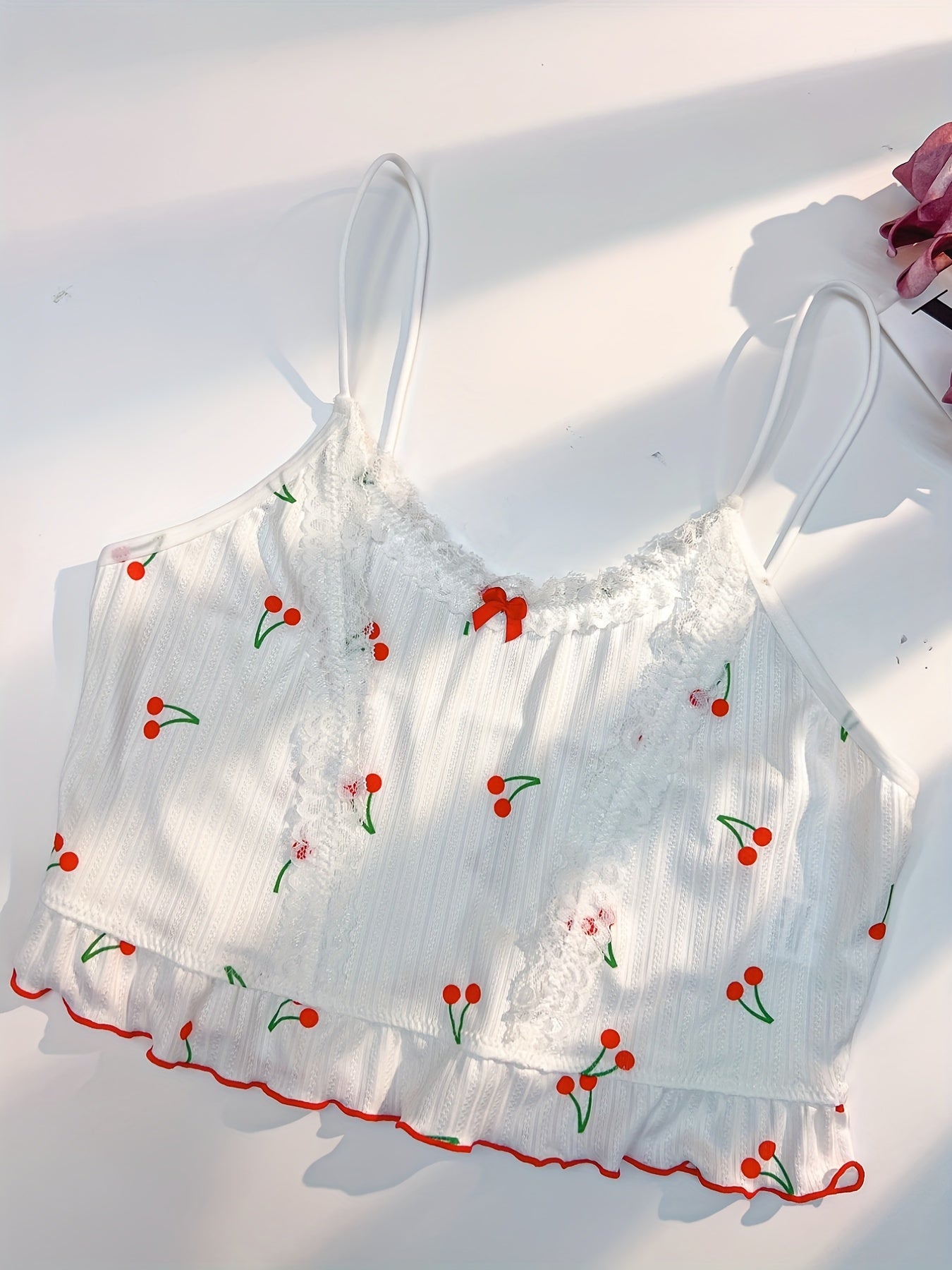 Cherry Print Pajama Set Lace Trim Cami Top & Ruffle Shorts
