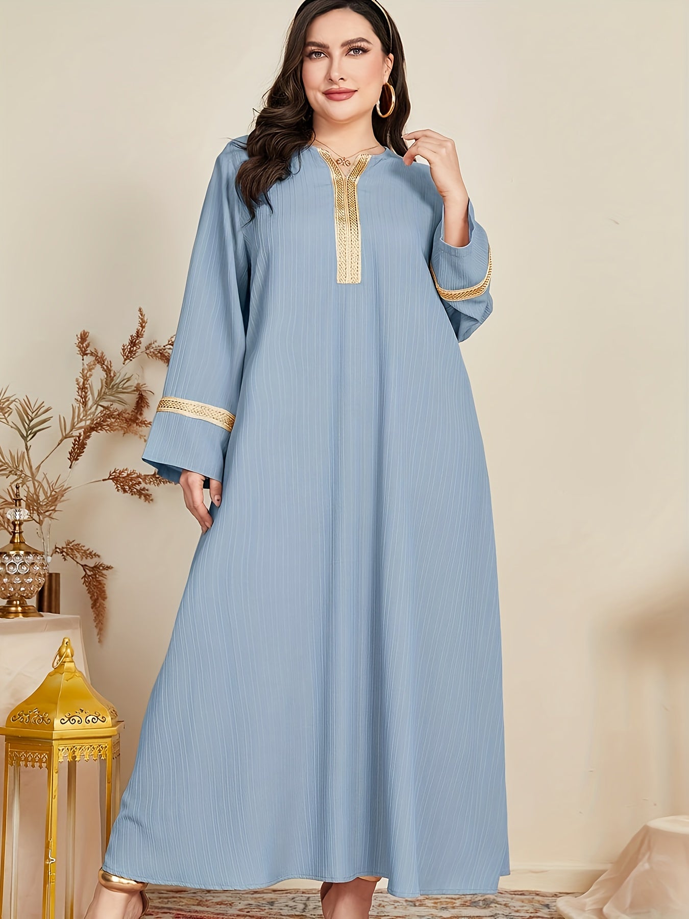  Casual Abaya Dress Women's Plus Colorblock Contrast Lace Maxi Dress