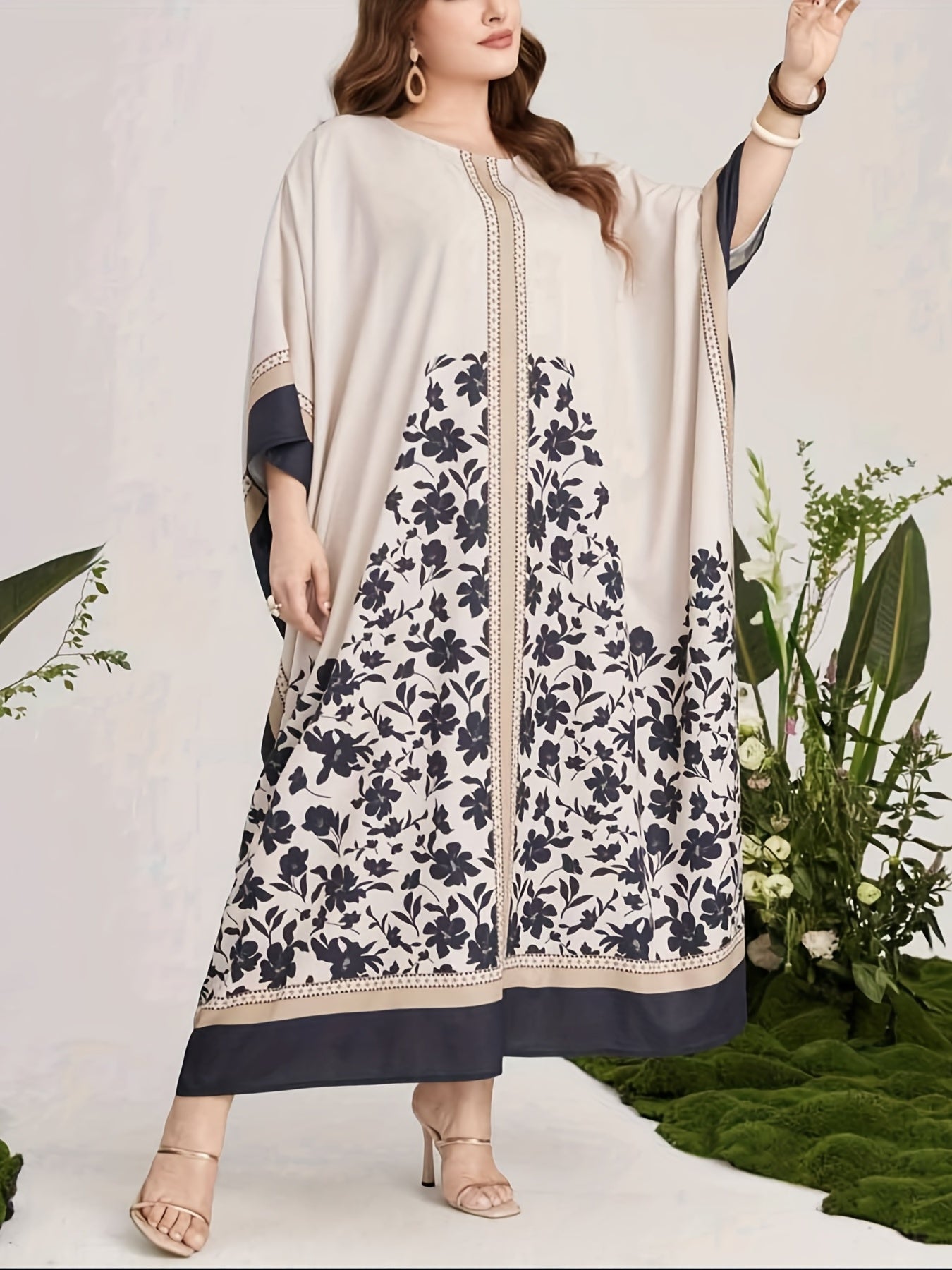  Floral Print Abaya Dress Women's Round Neck Batwing Sleeve