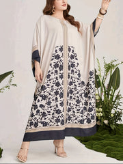  Floral Print Abaya Dress Women's Round Neck Batwing Sleeve