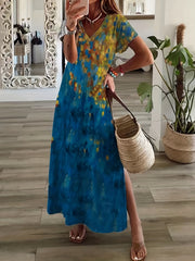Floral Print V Neck Short Sleeve Boho Maxi Dress