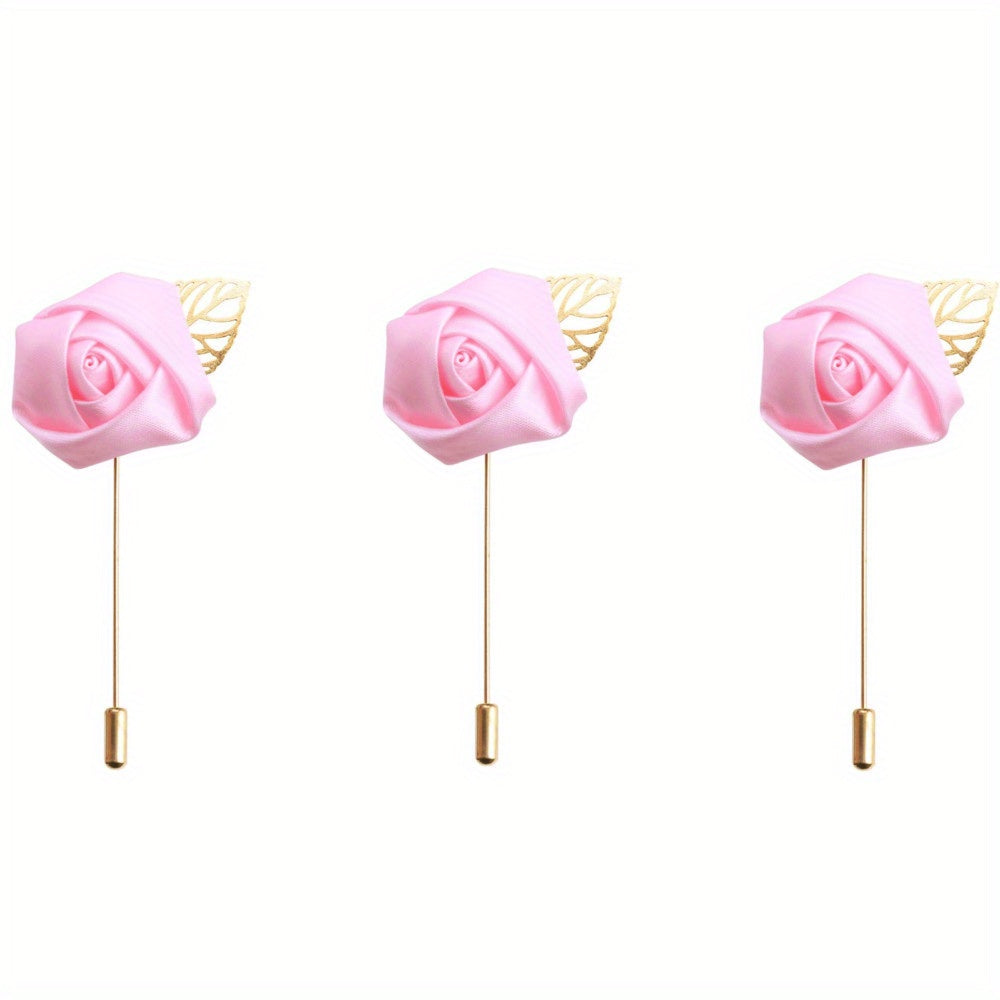 HAOSHICS 3Pcs Artificial Rose Flower Pins For Men Groom Suit Lapel