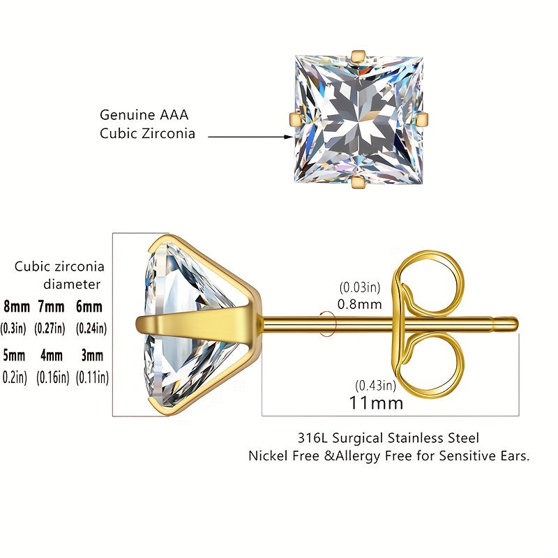 Stainless Steel Stud Earrings 14K Plated Zircon Earrings For Men