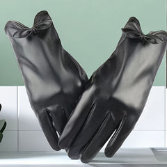 Solid Bow PU Gloves Warm Outdoor Riding Driving Coldproof Gloves