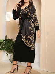  Golden Snowflake Print Colorblock Abaya Dress