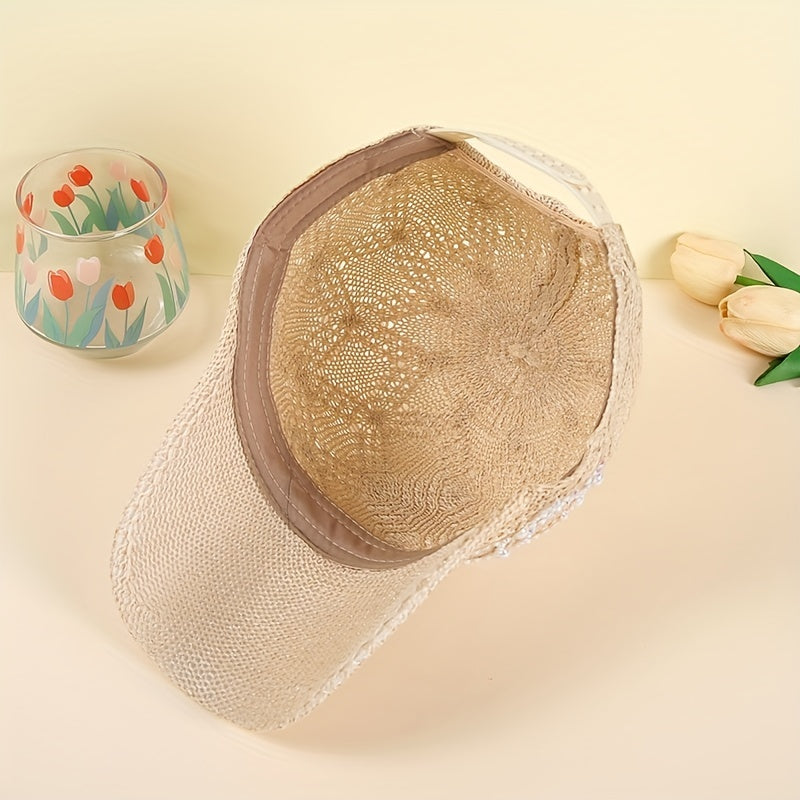Beige Knit Baseball Cap with Faux Pearl Rhinestone Decor