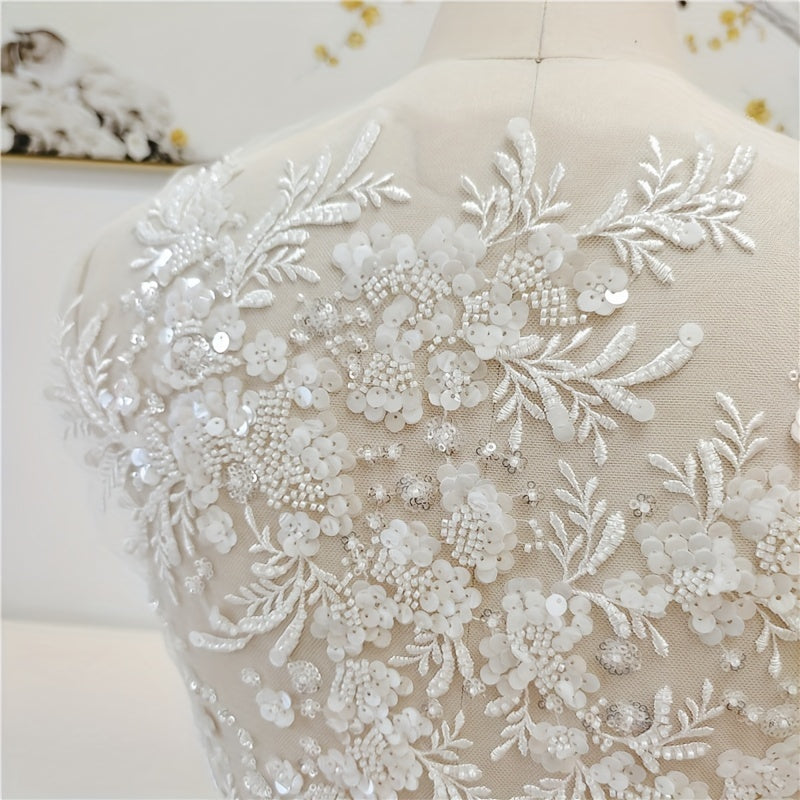 Beaded Sequins Flower Lace Fabric Evening Dress Applique Patch