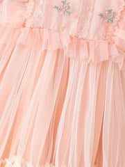 Embroidered Flutter Trim Mesh Dress for Girls