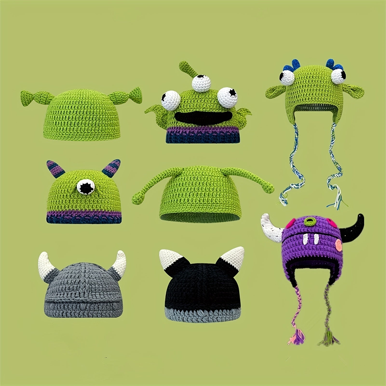 Green Devil Knit Hat Cartoon Beanie Long Braid Knitted Hoodie Birthday Gift