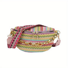 Straw Woven Waist Bag Boho Style Crossbody Bag Colorblock Stripes Chest Purses