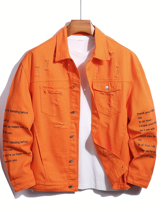 Men's Raw Trim Letter Print Denim Jacket for Spring Fall