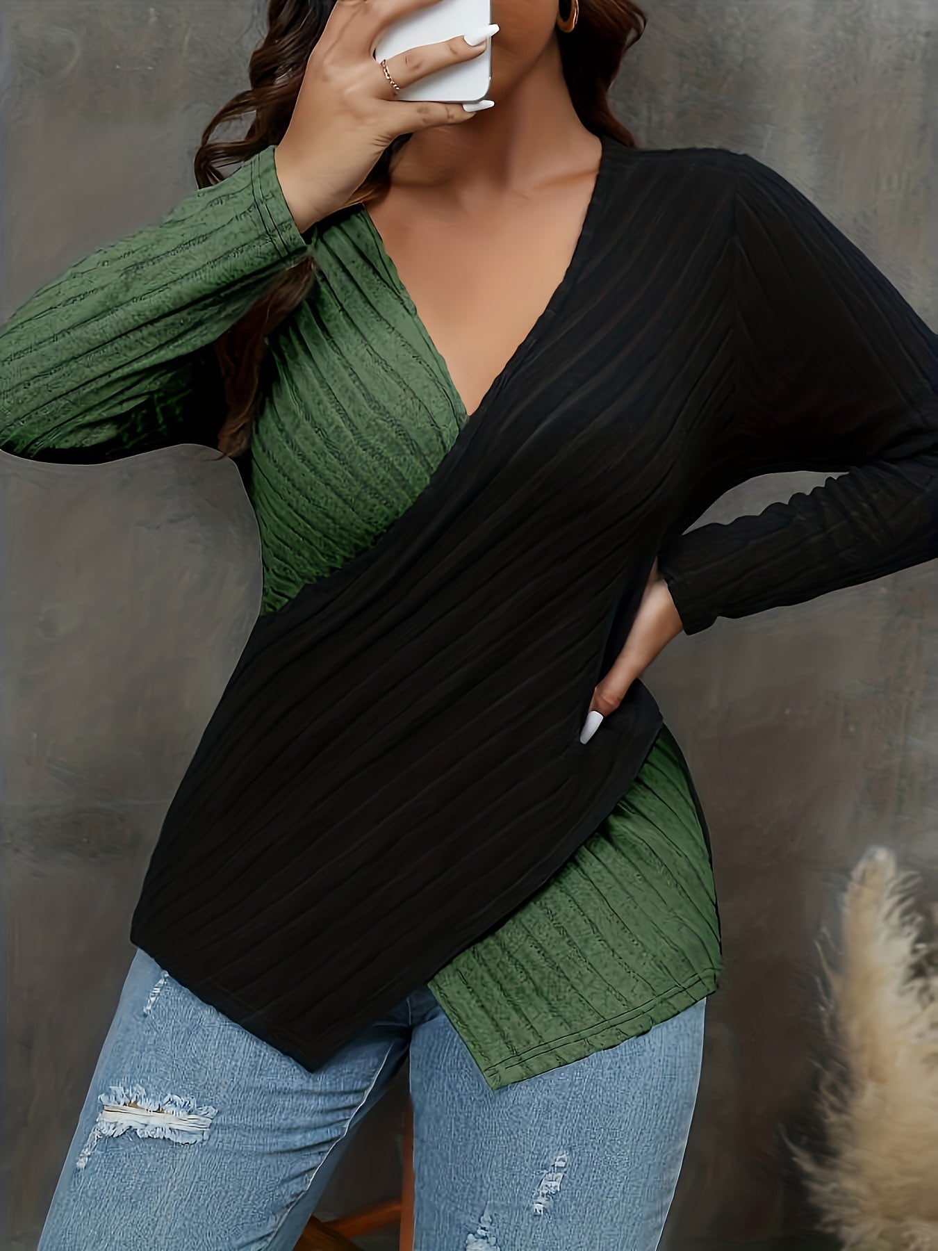  Colorblock Cross V Neck Knit Top Long Sleeve