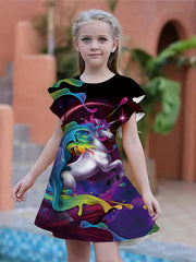 Girls 3D Unicorn Print Short Sleeve Dress For Summer Outdoor Gift