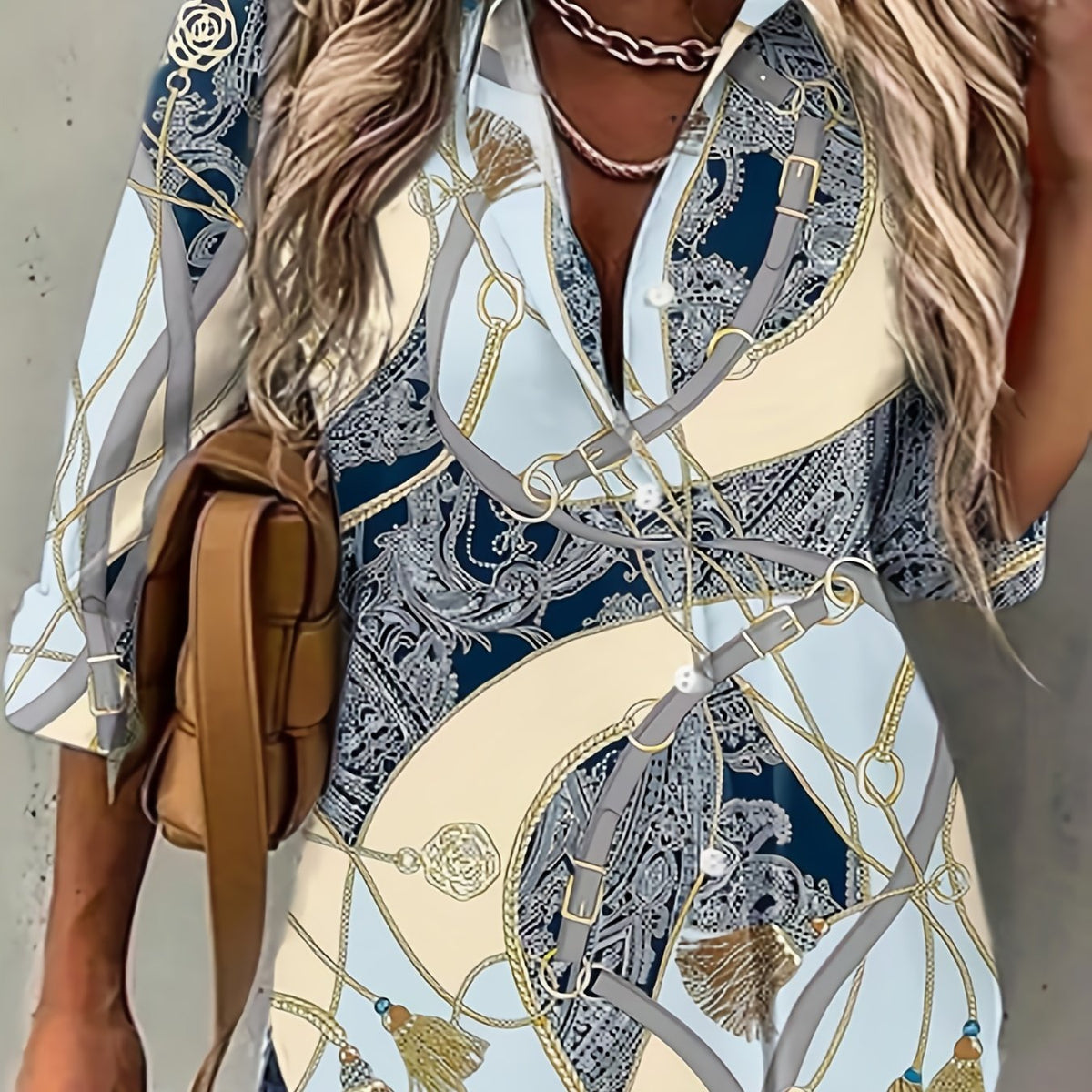  Colorblock Chain & Paisley Print Button Up Long Sleeve Blouse
