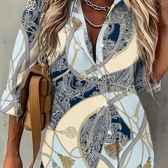  Colorblock Chain & Paisley Print Button Up Long Sleeve Blouse