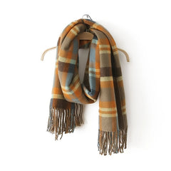 Women Plaid Scarves Wool Shawl Khaki Wool Scarf Boho Cape Winter Tassel