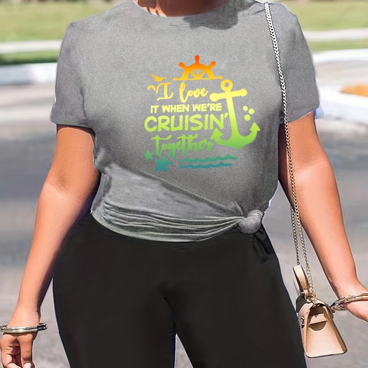  Two Piece Set Slogan & Anchor Print Top & Shorts Outfit