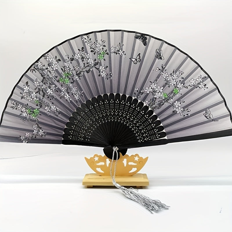 Chinese Silk Folding Fan Wooden Handle Classical Dance Fan