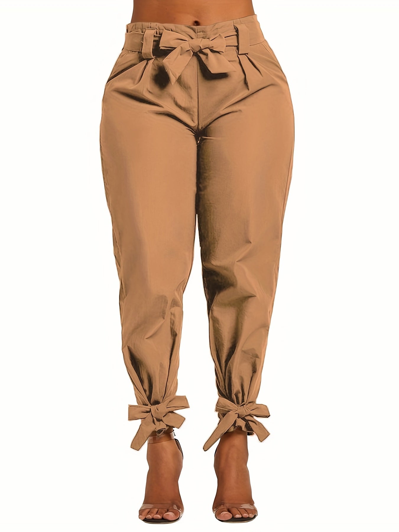 Plus Size Bow Knot Tapered Leg Elastic Pants With Belt