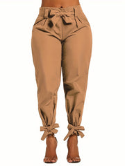Plus Size Bow Knot Tapered Leg Elastic Pants With Belt