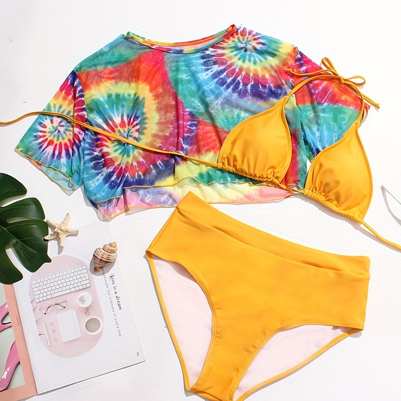  Rainbow Tie Dye Mesh Crop Top & Panties & Bra Swimsuit Set