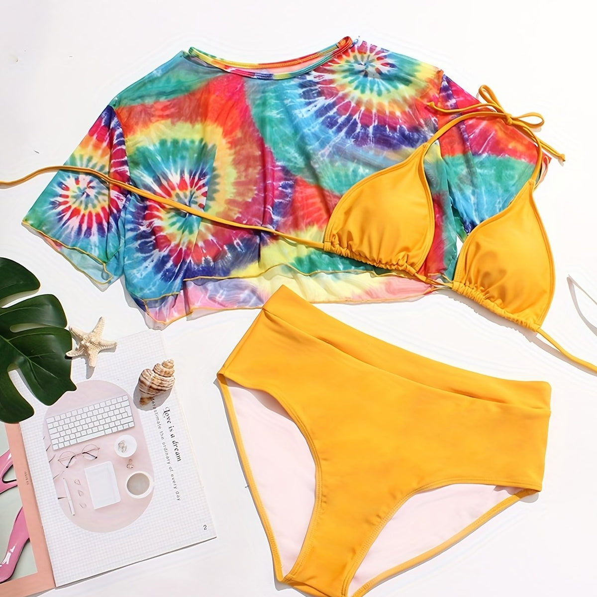  Rainbow Tie Dye Mesh Crop Top & Panties & Bra Swimsuit Set