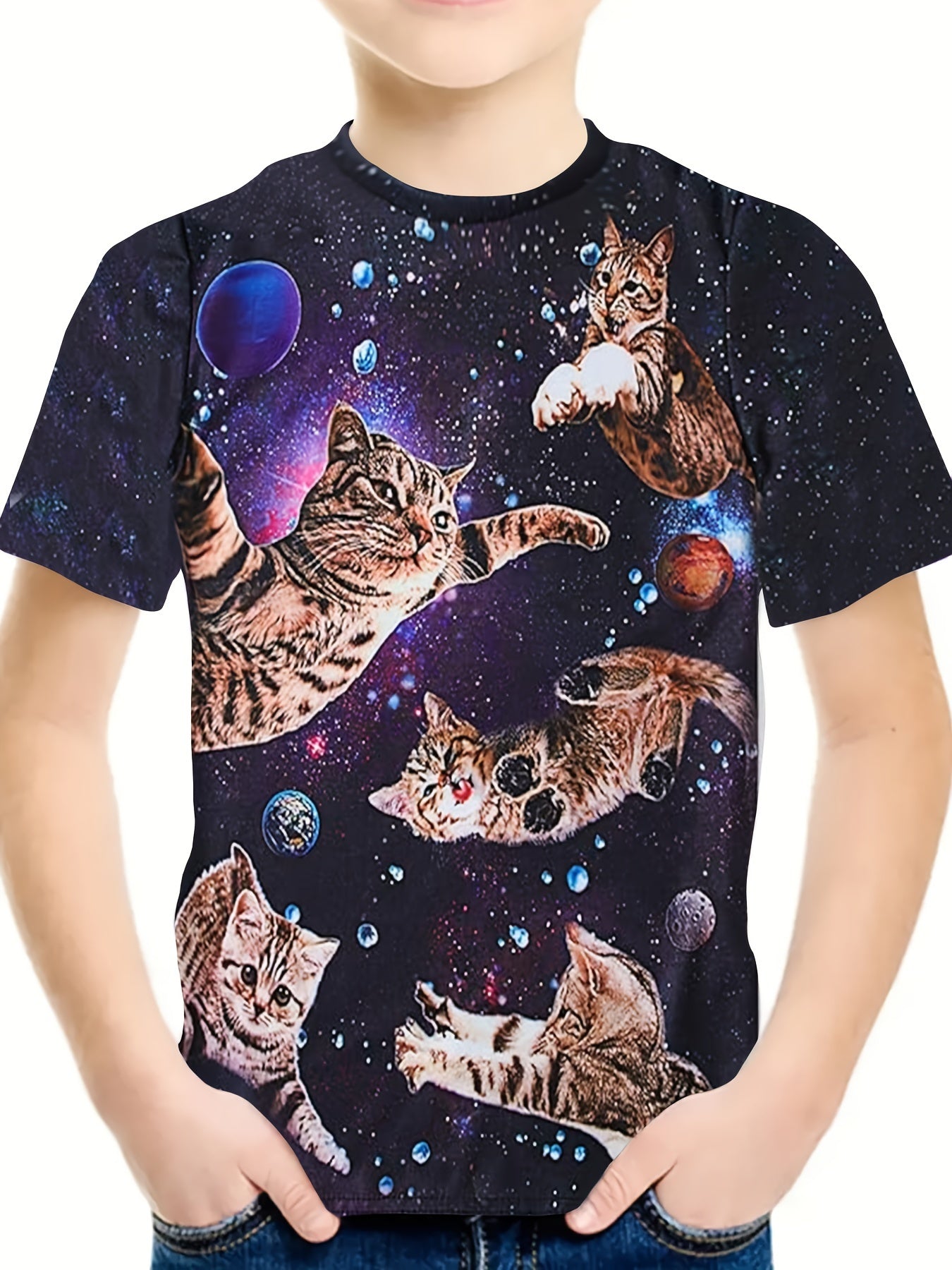 Breathable Astronaut Kitty Short Sleeve T-shirt Girls Spring Summer Gift