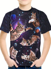 Breathable Astronaut Kitty Short Sleeve T-shirt Girls Spring Summer Gift