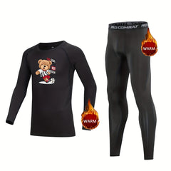 Football Bear Compression Fleece Set, Long Sleeve Pullover, Elastic Waistband