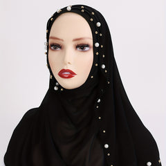 Chiffon Hijab Pearl Decor Head Wrap Casual Scarf Ramadan Turban