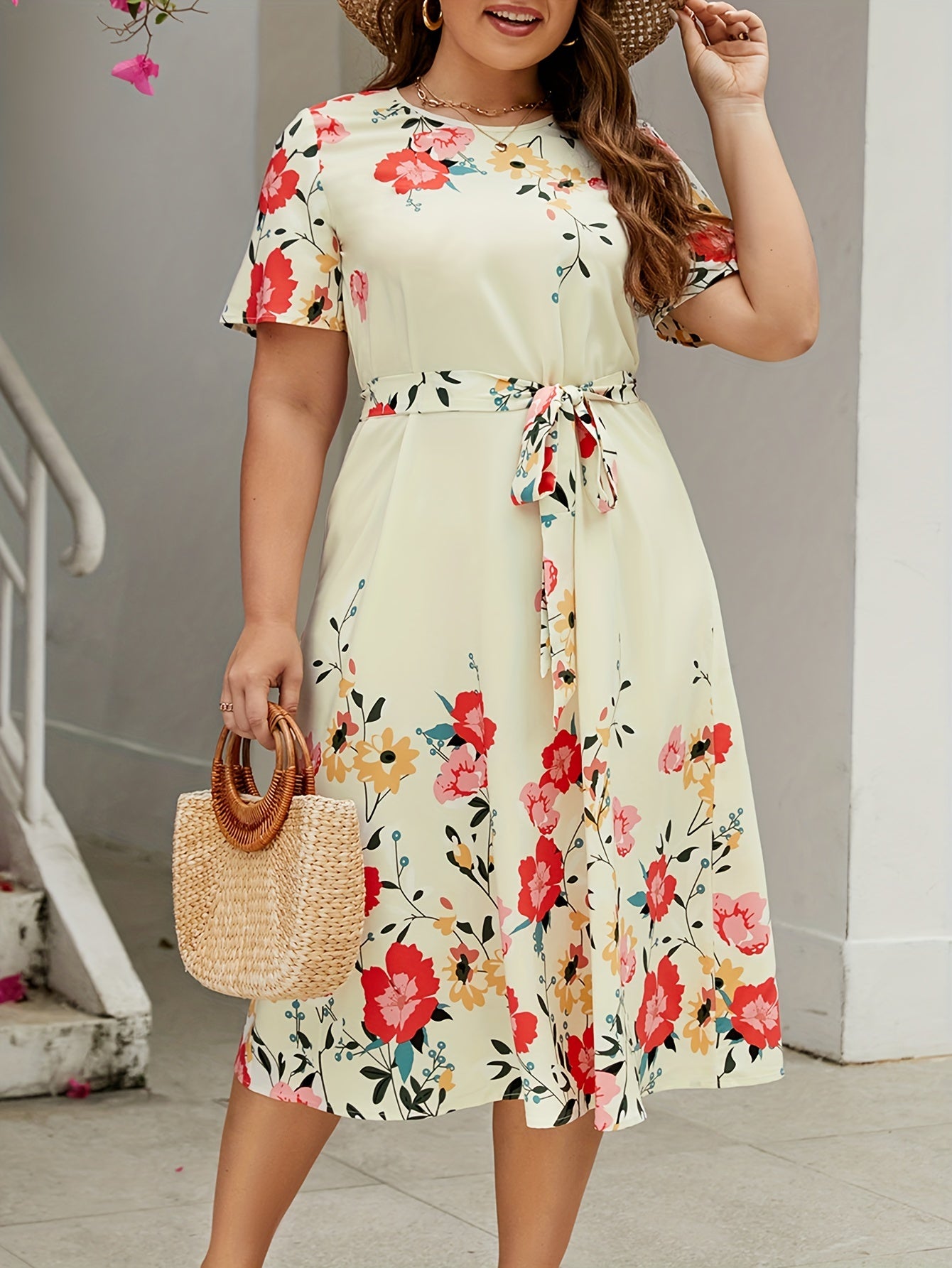  Floral Print Midi Dress With Belt